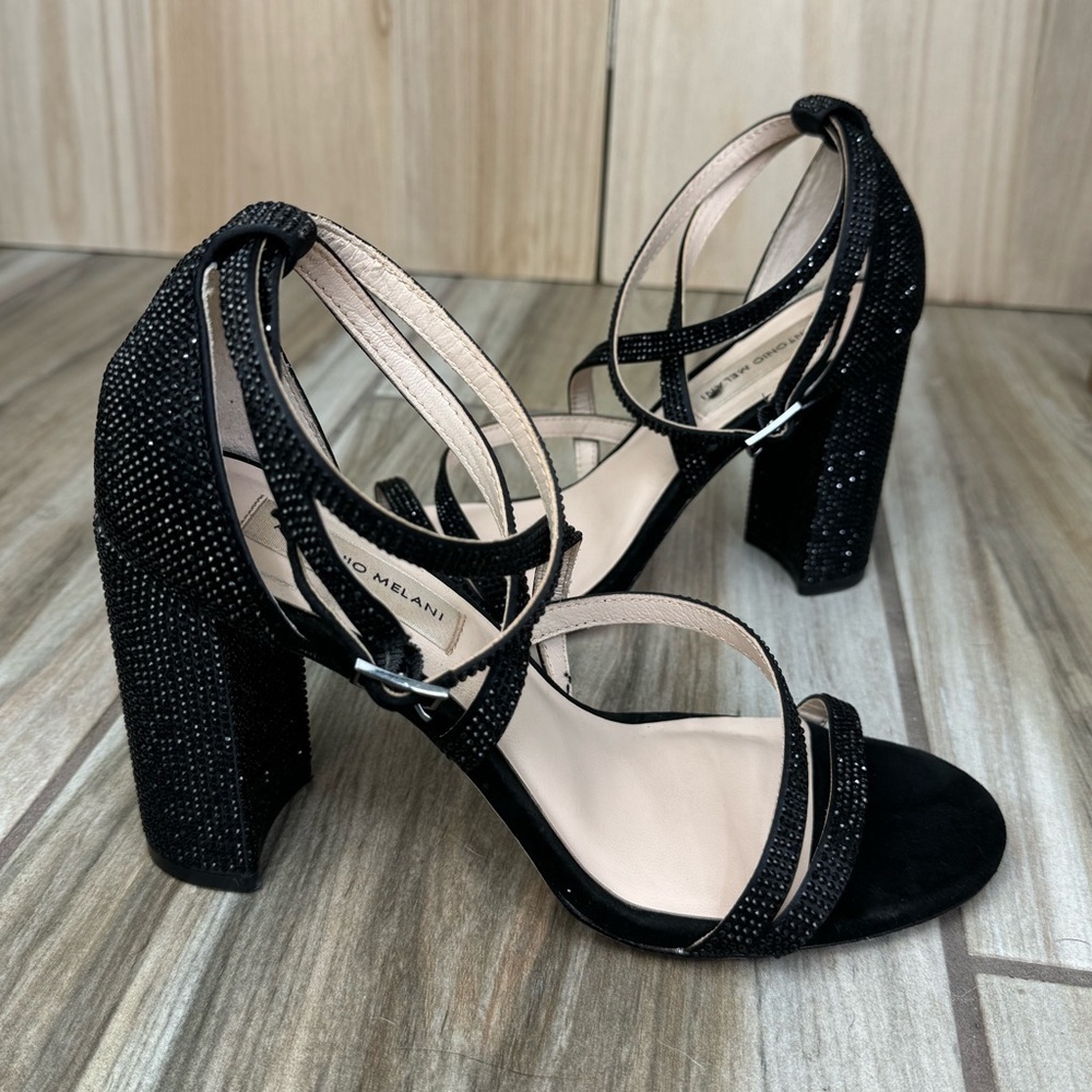 Antonio Melani Strap Crystal Block Chunky Heels Size 8M Black Rhinestone 4”
